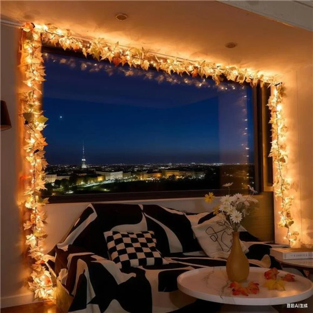 9Ft Fall Garland with Lights Plug in Fall Decorations for Home 50 White Bulbs